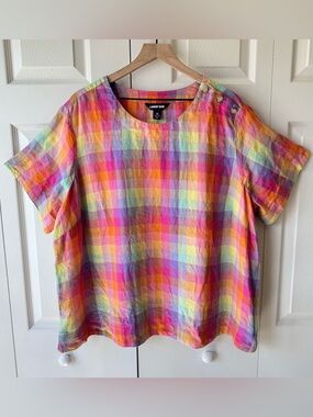 Lands End Boxy Rainbow Linen Top Size 2X Womens Colorful Plaid Check Lagenlook